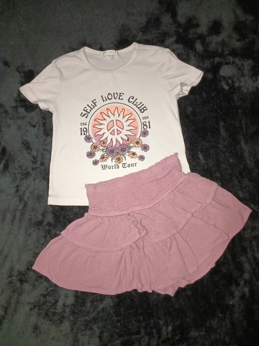 Kids White 'Self Love Club' Graphic Tee with Pink Skirt Set